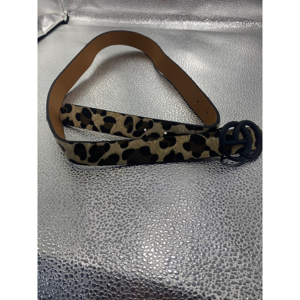 Leopard Print Calf Hair Belt Mat Black Interlocking Double G Buckle Animal Print